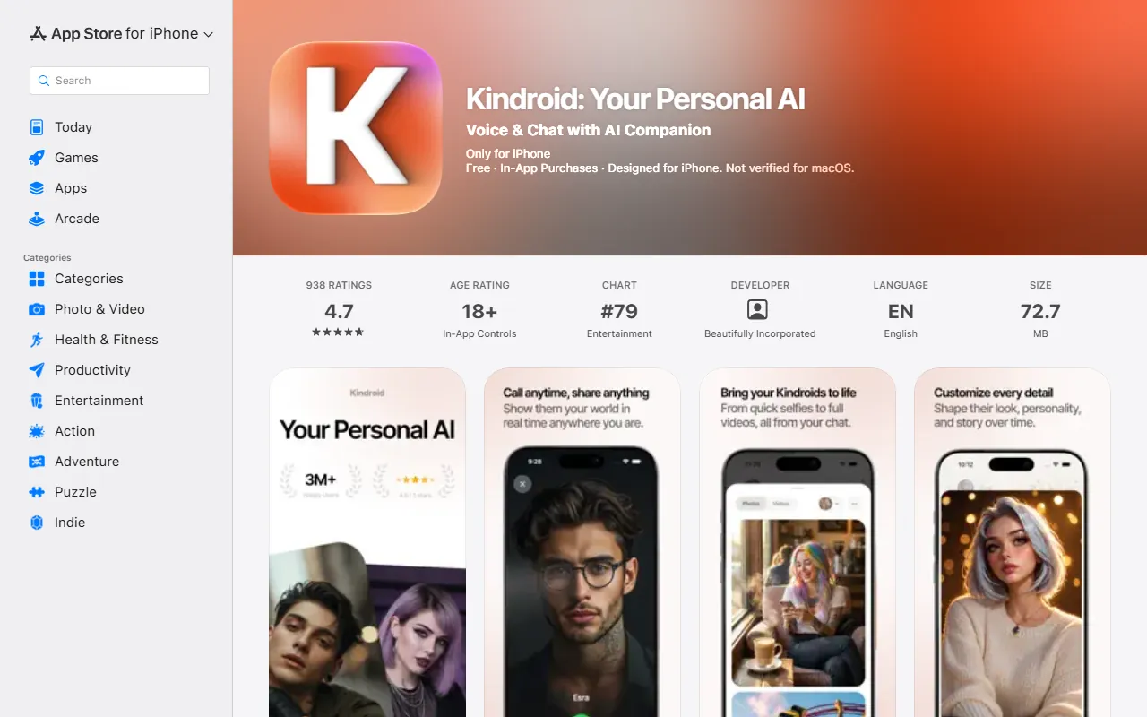 Kindroid: App Store listing